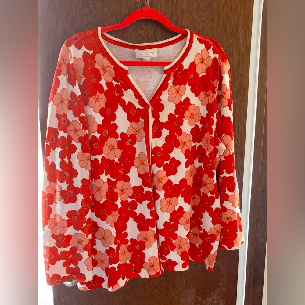 CJ Banks Red and White Floral Cardigan